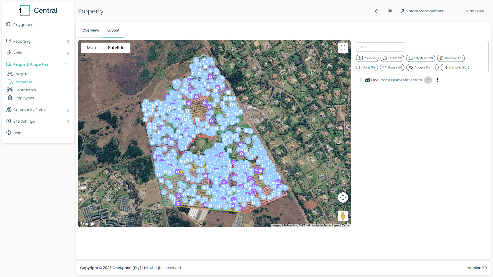 Property layout on a satellite map with every street and unit