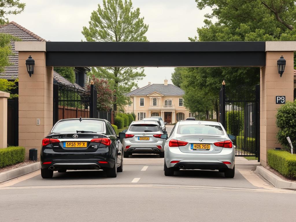 Vehicles being processed through an estate entrance