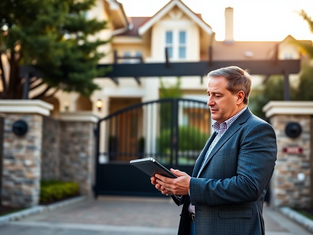 Estate manager using the OneSpace Central app on a tablet at the main gate